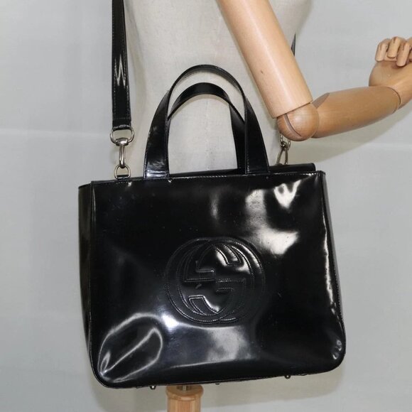 GUCCI Hand Bag Enamel 2way Black Silver - Picture 1 of 15